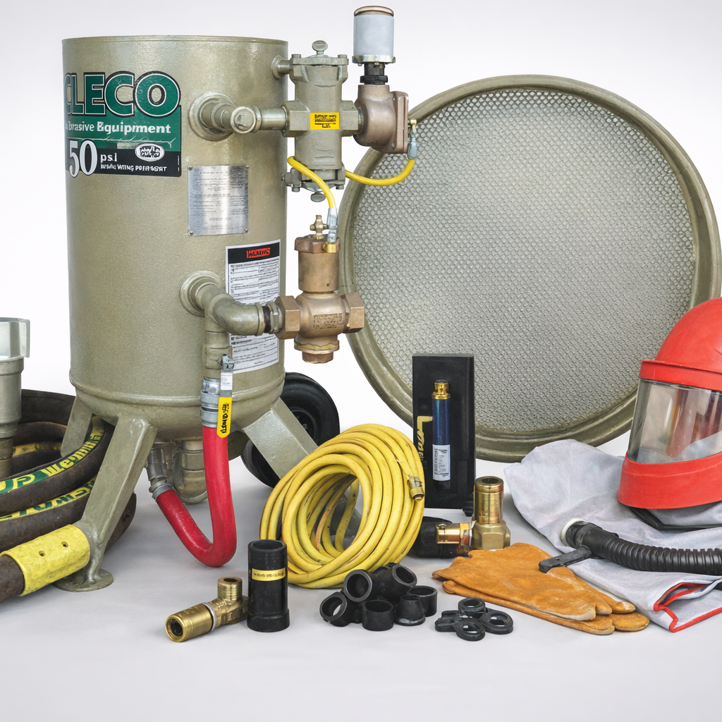 Clemco 23909 3 Cubic Foot Blast Machine Packages with 1-1/4” piping  16” diameter - Auto Quantum Valve with Abrasive Cut off Switch - SaFety Gear