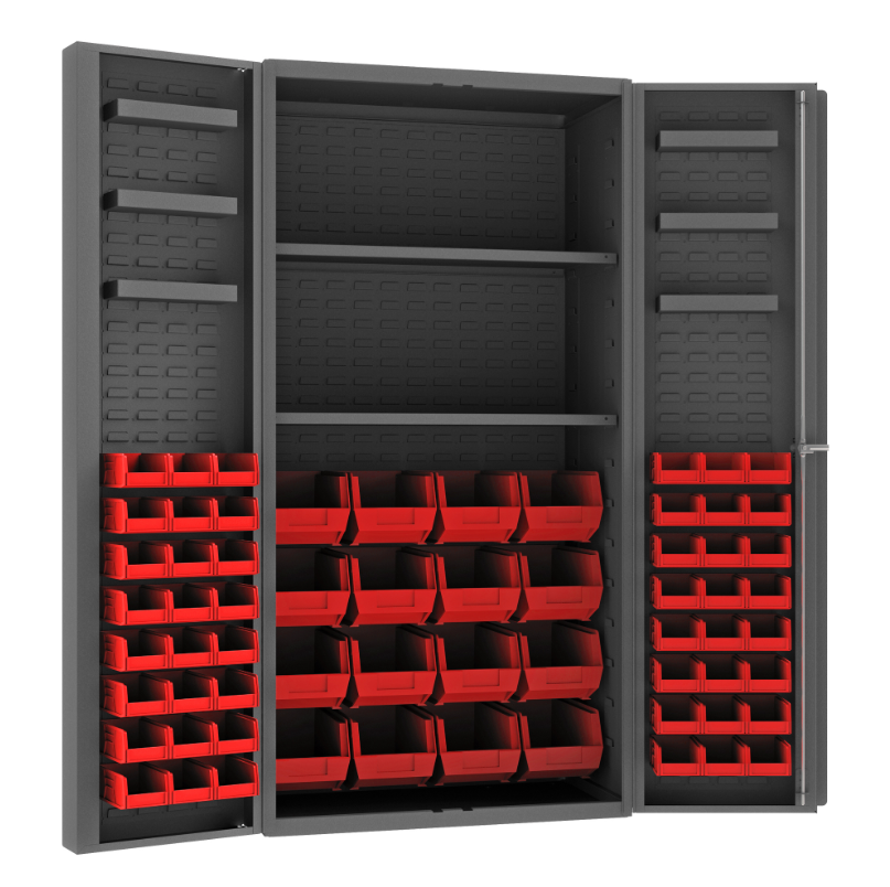 Durham DC36-642S6DS-1795 Cabinet, 14 Gauge, 2 Shelves, 6 Door Trays, 64 Red Bins, 36 X 24 X 72