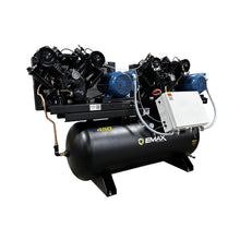 Load image into Gallery viewer, EMAX EP07DW120V3-208 NEMA4 Compliant Weather-Resistant Duplex 15HP Air Compressor, 62 CFM, 208V 3-Phase, 120-Gal Horizontal Tank with Alternating Switch