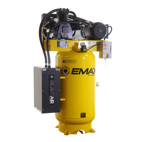 EMAX ESS07V080Z1 Silent Air Industrial 7.5HP 3CYL MAX FLO Two Stage 1Ph 35.2CFM @100PSI 80 Gallon Industrial Solid Cast Iron Air Compressor, Industrial Ceramic disc valves w/isolator pads - Splash Lube Pump