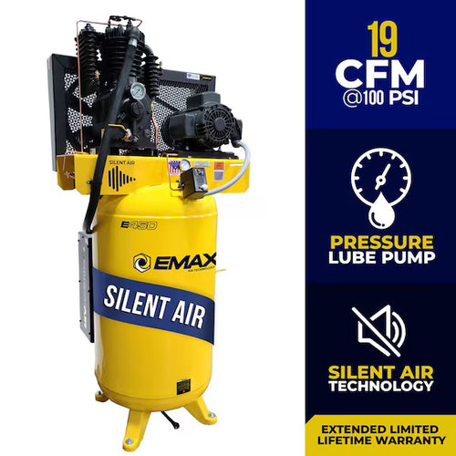 EMAX ESP05V080I3-460 Silent Air Industrial 5HP 19CFM 3 Phase 460V 2-Stage 80 Gal. Vertical Stationary Electric Air Compressor-W/ Pressure Lube Pump , Isolator Pads, Belt Tensioner, Continuous Run, Auto Drain