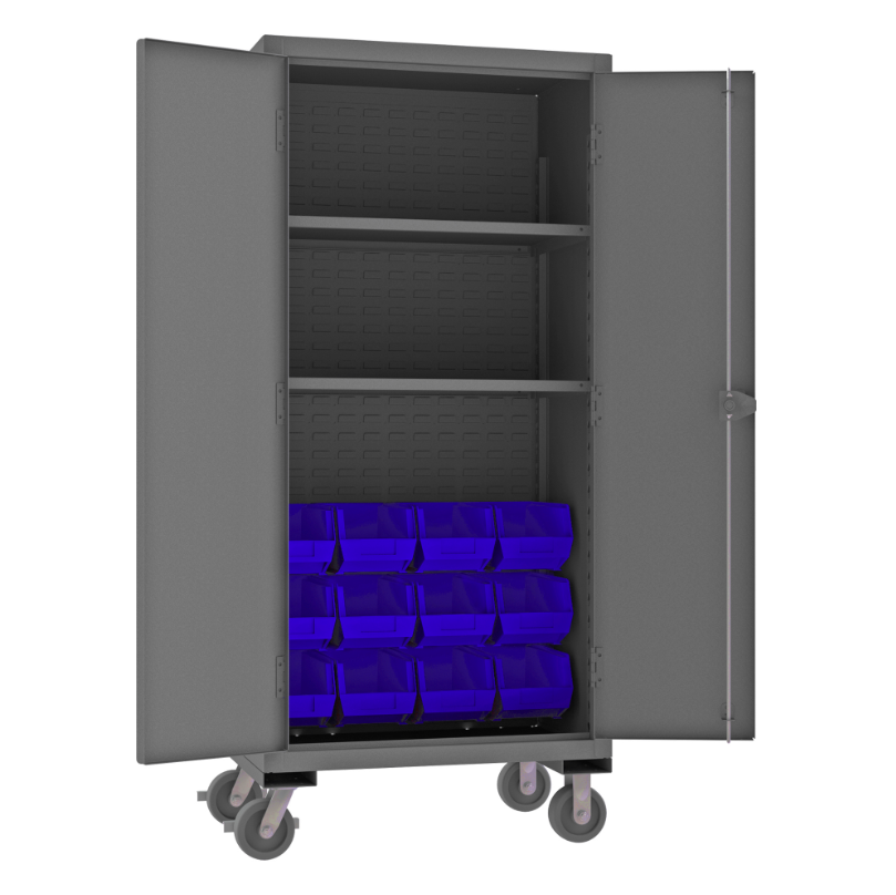 Durham HDCM36-12-2S5295 Mobile Cabinet, 12 Gauge, 2 Shelves, 12 Blue Bins, 36 X 24 X 81