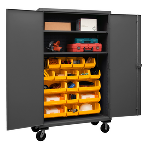 Durham HDCM48-18-2S95 Mobile Cabinet, 12 Gauge, 2 Shelves, 18 Yellow Bins, 48 X 24 X 81