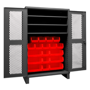 Durham HDCV48-18B-3S1795 Ventilated Cabinet, 12 Gauge, 3 Shelves, 18 Red Bins, 48 X 24 X 78