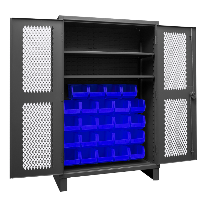 Durham HDCV48-24B-2S5295 Ventilated Cabinet, 12 Gauge, 2 Shelves, 24 Blue Bins, 48 X 24 X 78