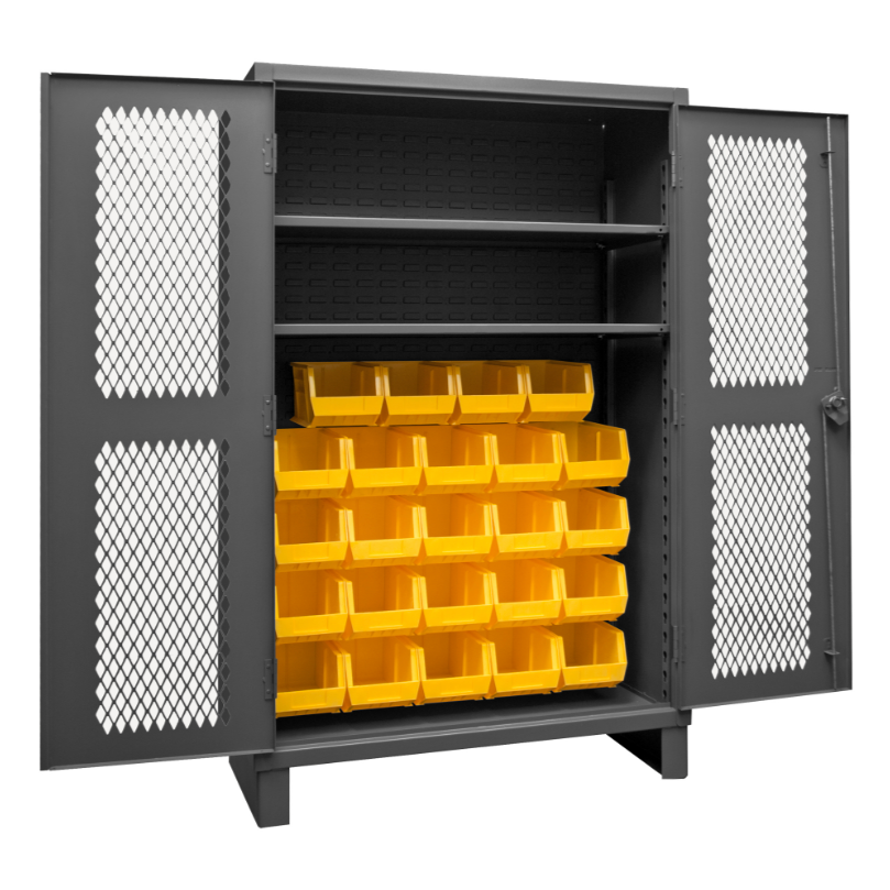 Durham HDCV48-24B-2S95 Ventilated Cabinet, 12 Gauge, 2 Shelves, 24 Yellow Bins, 48 X 24 X 78