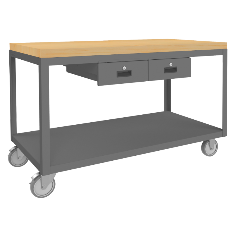 Durham HMT-2448-2-MT-2DR-95 High Deck Portable Table, 2 Shelves, Maple Top, 2 Drawers, 24-1/4 X 48-1/4 X 31-13/16