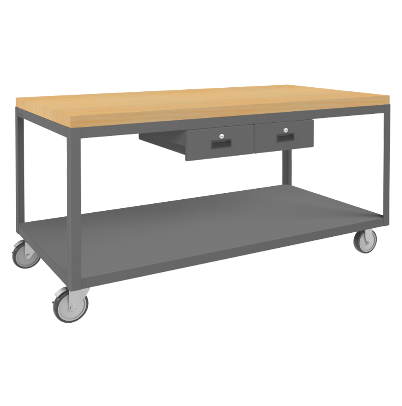 Durham HMT-3060-2-MT-2DR-95 High Deck Portable Table, 2 Shelves, Maple Top, 2 Drawers, 30-1/4 X 60-1/4 X 31-13/16