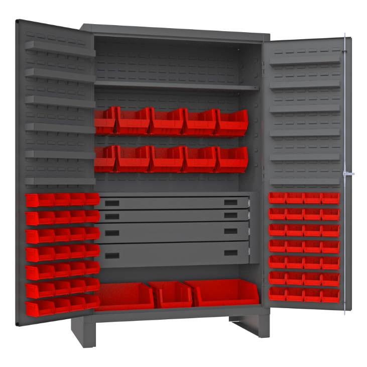 Durham JCBDLP694RDR-1795 Cabinet, 14 Gauge, 4 Drawer, 12 Door Shelves, 69 Red Bins, 48 X 24 X 78