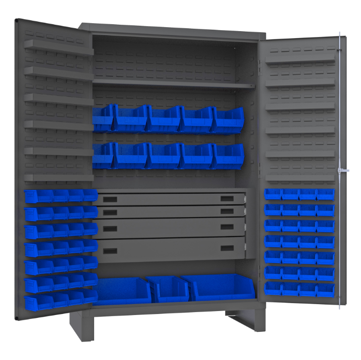 Durham JCBDLP694RDR-5295 Cabinet, 14 Gauge, 4 Drawer, 12 Door Shelves, 69 Blue Bins, 48 X 24 X 78