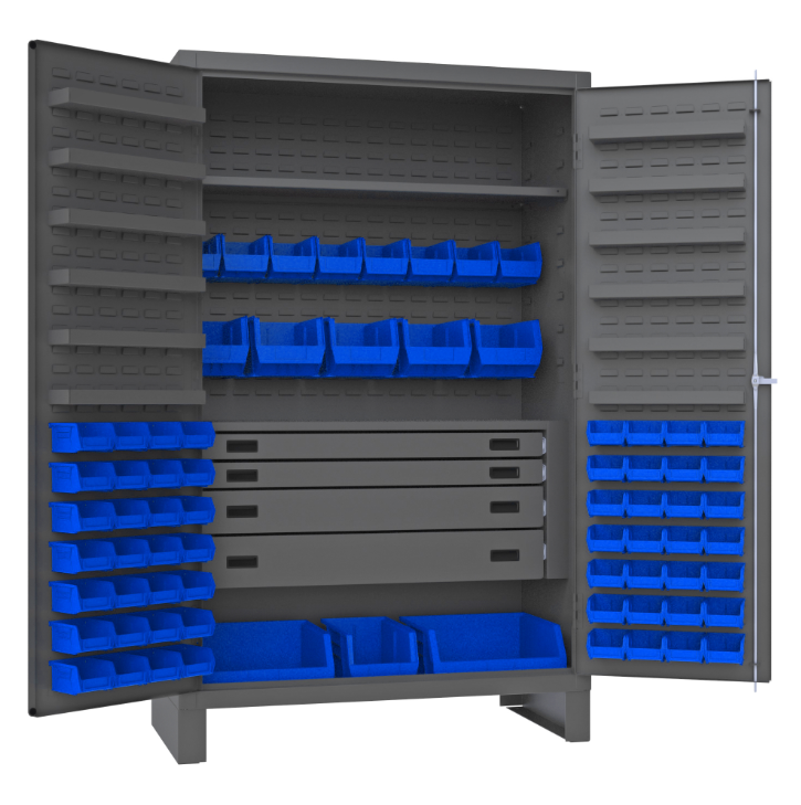 Durham JCBDLP724RDR-5295 Cabinet, 14 Gauge, 4 Drawer, 12 Door Shelves, 72 Blue Bins, 48 X 24 X 78