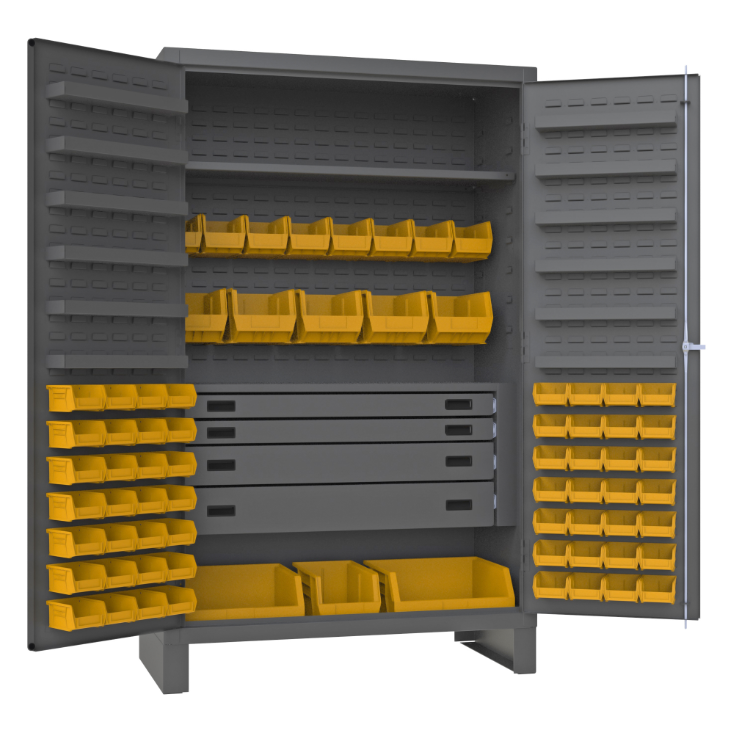 Durham JCBDLP724RDR-95 Cabinet, 14 Gauge, 4 Drawer, 12 Door Shelves, 72 Yellow Bins, 48 X 24 X 78