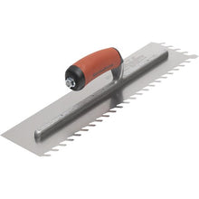 Load image into Gallery viewer, Marshalltown LF1216SD 1/2” Carbon Steel LayFlat Notch Trowel- DuraSoft Handle (16X4” Blade) w/ Hanger (4/Pack)