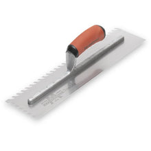 Load image into Gallery viewer, Marshalltown LF3816SD 3/8” Carbon Steel LayFlat Notch Trowel- DuraSoft Handle (16X4” Blade) w/ Hanger (4/Pack)