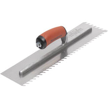 Load image into Gallery viewer, Marshalltown LF3816SD 3/8” Carbon Steel LayFlat Notch Trowel- DuraSoft Handle (16X4” Blade) w/ Hanger (4/Pack)