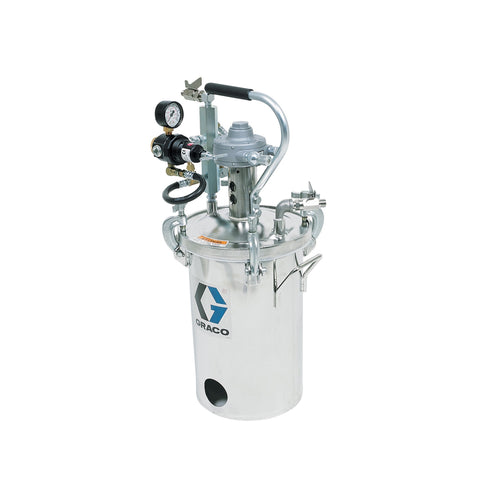 8 Litres (2 Gallon) Low Pressure (HVLP) Pot, Regulated to 1 bar (15 psi), ASME Rated, 64.5 cm (25.4 in) 14 kg (30 lbs), SST