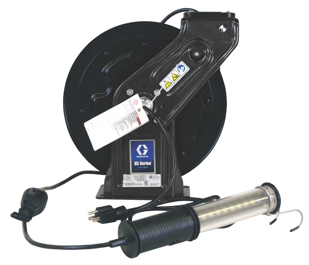 Graco SD 10™ Series 120 Volt Cord and Light Reel - LED Light with In-Line Tool Tap - 95 ft (29 m), 16 AWG, 10 Amp Cord - Black