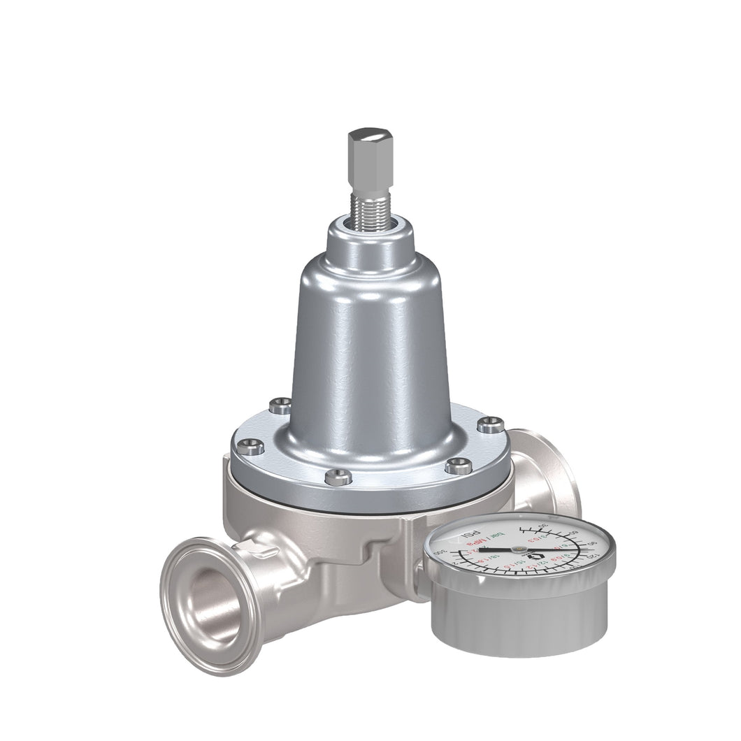 Low Shear Fluid Back Pressure Regulator, 21.1 Max bar, 38 lpm Max flow rate, SST, Mechanical, high wear, sanitary inlet/outlet
