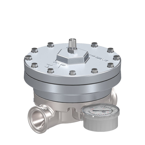 Low Shear Fluid Back Pressure Regulator, 300 Max psi, 25 gpm Max flow rate, SST, Pneumatic, high wear, sanitary inlet/outlet