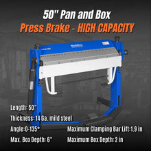 Load image into Gallery viewer, MechMaxx 50-Inch Foot Clamp Pan and Box Brake, Light Duty Sheet Metal Folding Machine, 0–135° Bending Angle, 1.9" Clamping Lift, 2" Box Depth PBA5014