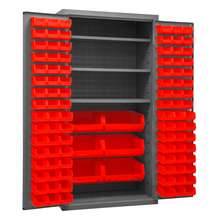 Load image into Gallery viewer, Durham 2501-BDLP-102-3S-1795 Cabinet, 16 Gauge, 102 Red Bins, 3 Shelves, 36 X 24 X 72