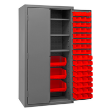 Load image into Gallery viewer, Durham 2501-BDLP-102-3S-1795 Cabinet, 16 Gauge, 102 Red Bins, 3 Shelves, 36 X 24 X 72