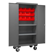 Load image into Gallery viewer, Durham 2501M-BLP-12-2S-1795 Mobile Cabinet, 16 Gauge, 2 Shelves, 12 Red Bins, 36 X 24 X 81