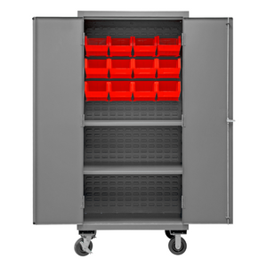 Durham 2501M-BLP-12-2S-1795 Mobile Cabinet, 16 Gauge, 2 Shelves, 12 Red Bins, 36 X 24 X 81