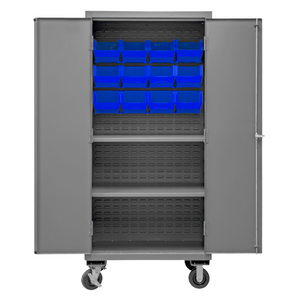 Durham 2501M-BLP-12-2S-5295 Mobile Cabinet, 16 Gauge, 2 Shelves, 12 Blue Bins, 36 X 24 X 81