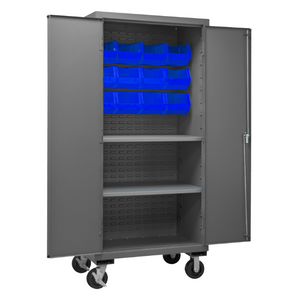 Durham 2501M-BLP-12-2S-5295 Mobile Cabinet, 16 Gauge, 2 Shelves, 12 Blue Bins, 36 X 24 X 81