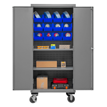 Load image into Gallery viewer, Durham 2501M-BLP-12-2S-5295 Mobile Cabinet, 16 Gauge, 2 Shelves, 12 Blue Bins, 36 X 24 X 81