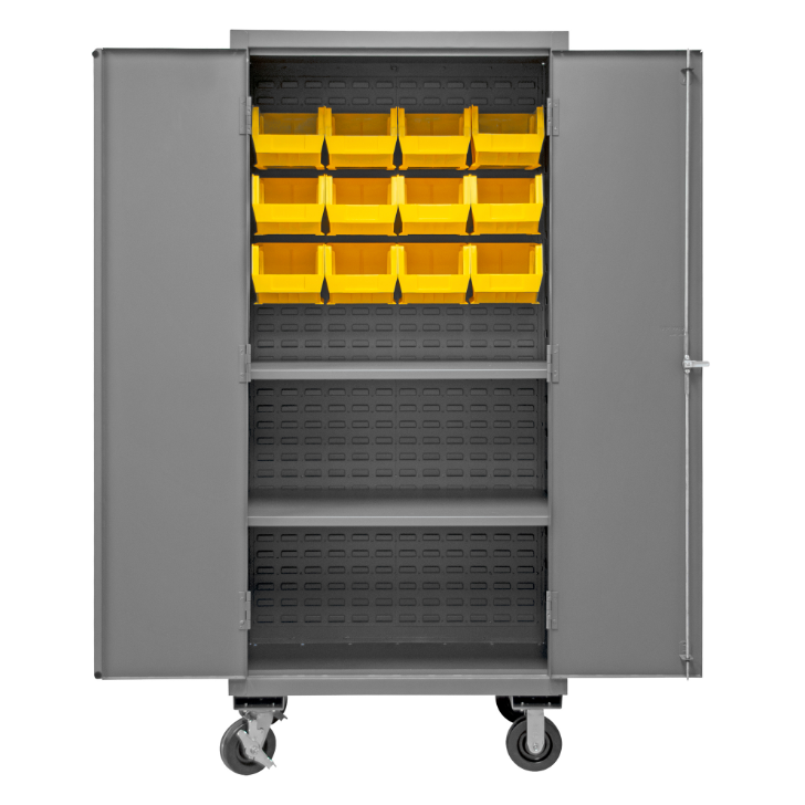 Durham 2501M-BLP-12-2S-95 Mobile Cabinet, 16 Gauge, 2 Shelves, 12 Yellow Bins, 36 X 24 X 81