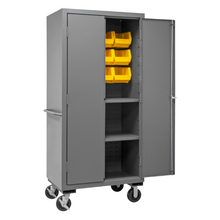 Load image into Gallery viewer, Durham 2501M-BLP-12-2S-95 Mobile Cabinet, 16 Gauge, 2 Shelves, 12 Yellow Bins, 36 X 24 X 81