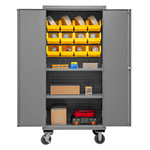 Durham 2501M-BLP-12-2S-95 Mobile Cabinet, 16 Gauge, 2 Shelves, 12 Yellow Bins, 36 X 24 X 81