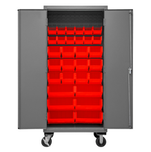 Load image into Gallery viewer, Durham 2501M-BLP-30-1795 Mobile Cabinet, 16 Gauge, 30 Red Bins, 36 X 24 X 81