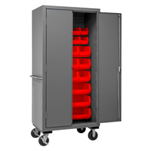 Load image into Gallery viewer, Durham 2501M-BLP-30-1795 Mobile Cabinet, 16 Gauge, 30 Red Bins, 36 X 24 X 81