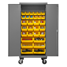 Load image into Gallery viewer, Durham 2501M-BLP-30-95 Mobile Cabinet, 16 Gauge, 30 Yellow Bins, 36 X 24 X 81