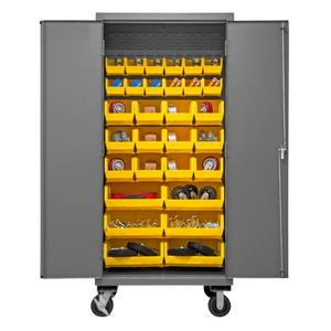 Durham 2501M-BLP-30-95 Mobile Cabinet, 16 Gauge, 30 Yellow Bins, 36 X 24 X 81