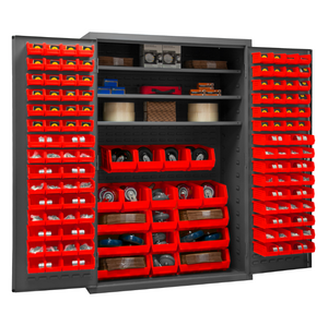 Durham 2502-138-3S-1795 Cabinet, 16 Gauge, 3 Shelves, 138 Red Bins, 48 X 24 X 72