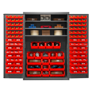 Durham 2502-138-3S-1795 Cabinet, 16 Gauge, 3 Shelves, 138 Red Bins, 48 X 24 X 72