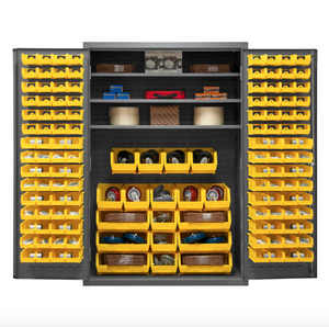 Durham 2502-138-3S-95 Cabinet, 16 Gauge, 3 Shelves, 138 Yellow Bins, 48 X 24 X 72