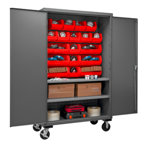 Durham 2502M-BLP-18-2S-1795 Mobile Cabinet, 16 Gauge, 2 Shelves, 18 Red Bins, 50-9/16 X 24 X 81