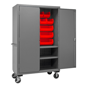 Durham 2502M-BLP-18-2S-1795 Mobile Cabinet, 16 Gauge, 2 Shelves, 18 Red Bins, 50-9/16 X 24 X 81