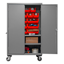 Load image into Gallery viewer, Durham 2502M-BLP-18-2S-1795 Mobile Cabinet, 16 Gauge, 2 Shelves, 18 Red Bins, 50-9/16 X 24 X 81