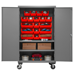 Durham 2502M-BLP-18-2S-1795 Mobile Cabinet, 16 Gauge, 2 Shelves, 18 Red Bins, 50-9/16 X 24 X 81