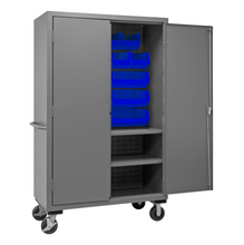 Load image into Gallery viewer, Durham 2502M-BLP-18-2S-5295 Mobile Cabinet, 16 Gauge, 2 Shelves, 18 Blue Bins, 50-9/16 X 24 X 81