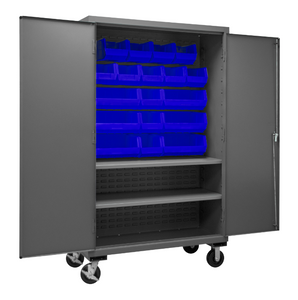 Durham 2502M-BLP-18-2S-5295 Mobile Cabinet, 16 Gauge, 2 Shelves, 18 Blue Bins, 50-9/16 X 24 X 81