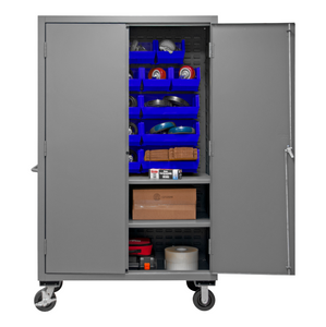 Durham 2502M-BLP-18-2S-5295 Mobile Cabinet, 16 Gauge, 2 Shelves, 18 Blue Bins, 50-9/16 X 24 X 81