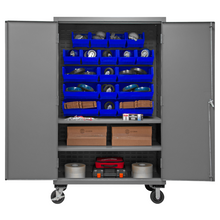 Load image into Gallery viewer, Durham 2502M-BLP-18-2S-5295 Mobile Cabinet, 16 Gauge, 2 Shelves, 18 Blue Bins, 50-9/16 X 24 X 81