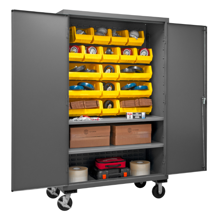 Durham 2502M-BLP-18-2S-95 Mobile Cabinet, 16 Gauge, 2 Shelves, 18 Yellow Bins, 50-9/16 X 24 X 81